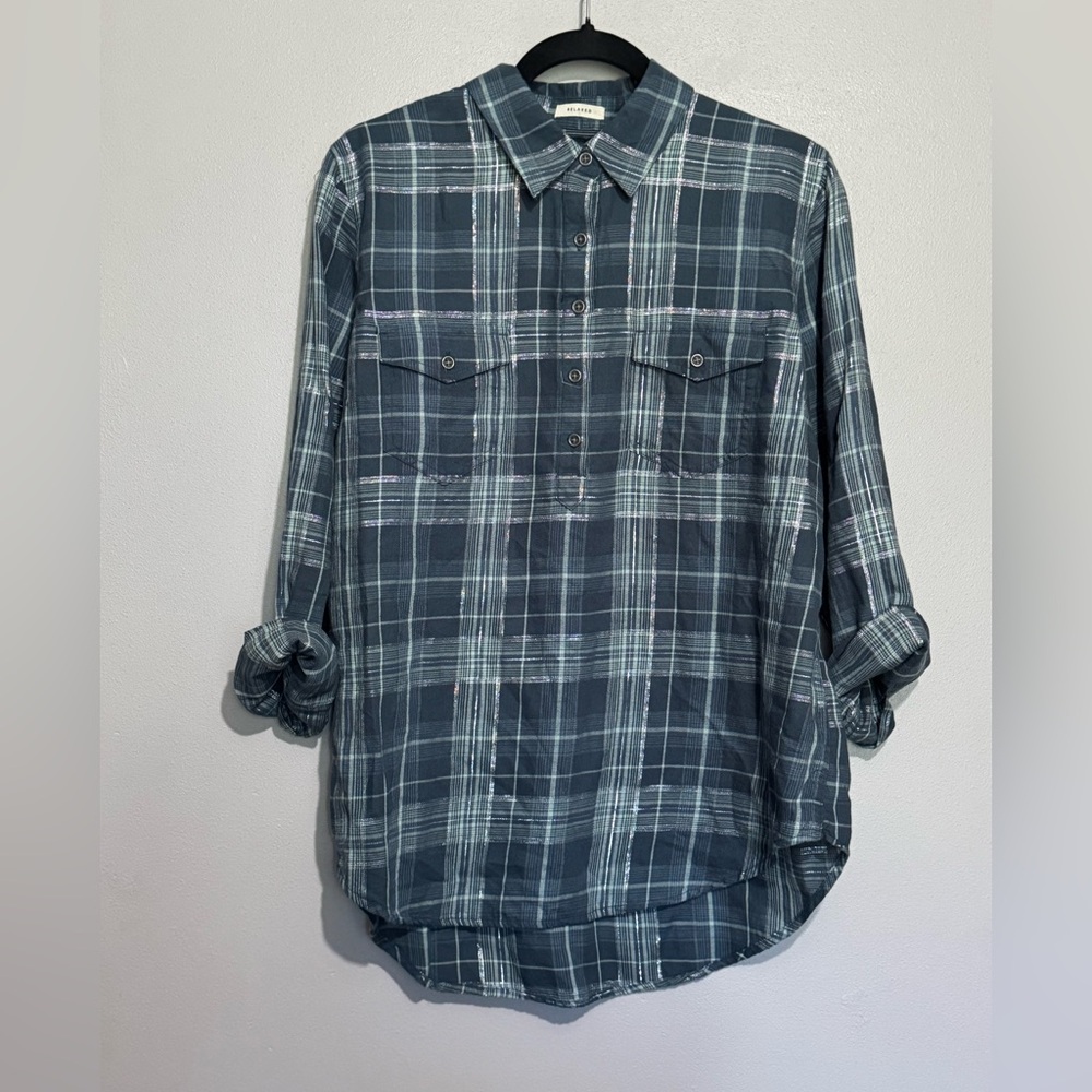 Ariat  REAL Billie Jean Popover Shirt Blue Metallic Silver Plaid Women’s Size L